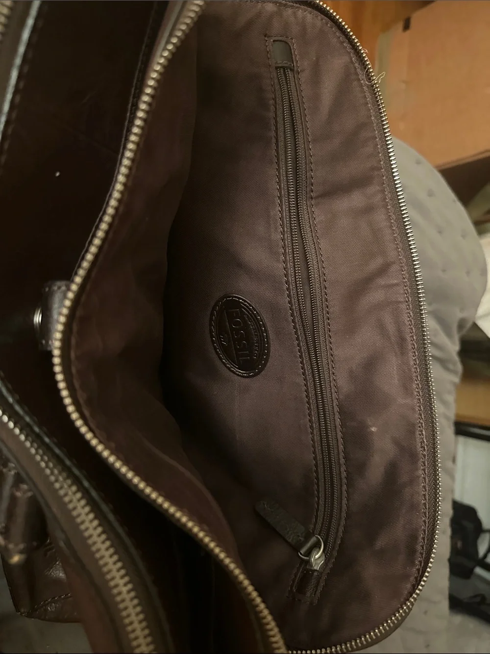 Fossil Brown Leather Briefcase with Green and Cream Center Stripe